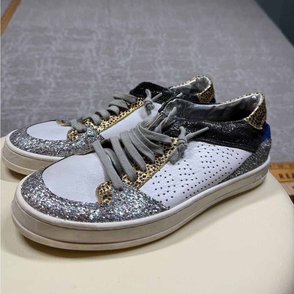 P448 John Sneaker Blue White Glitter Gold Leopard Shoe Womens Eu 37